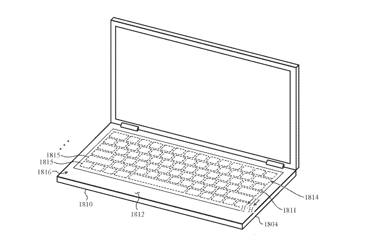 Line drawing of an open laptop with a keyboard, number labels pointing to various parts.