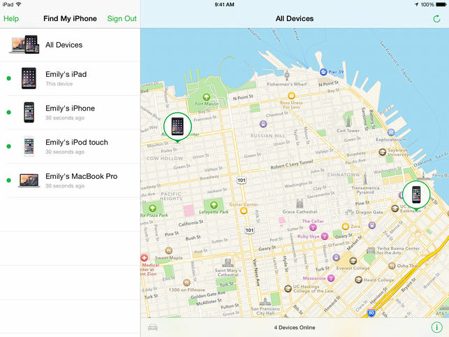 An example screen of the Find my iPhone app on an iPad