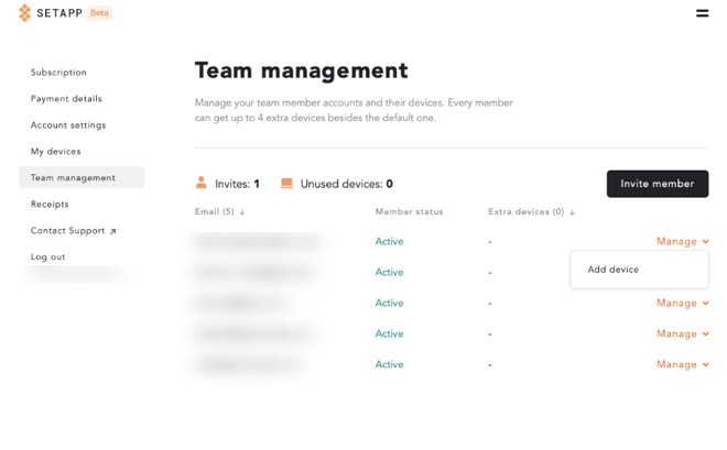 Managing Setapp for Teams is done via the website interface instead of in an app