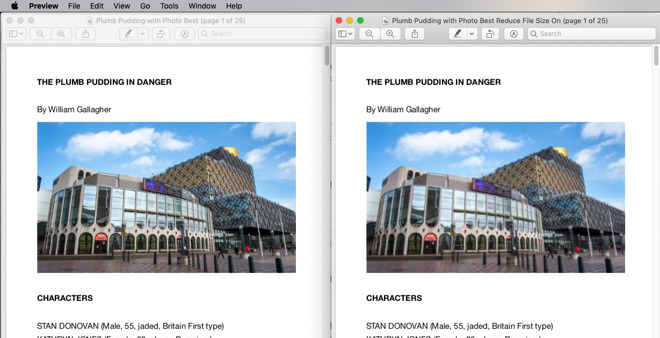 Left: the full-size PDF document. Right: the same after using Preview's Reduce File Size