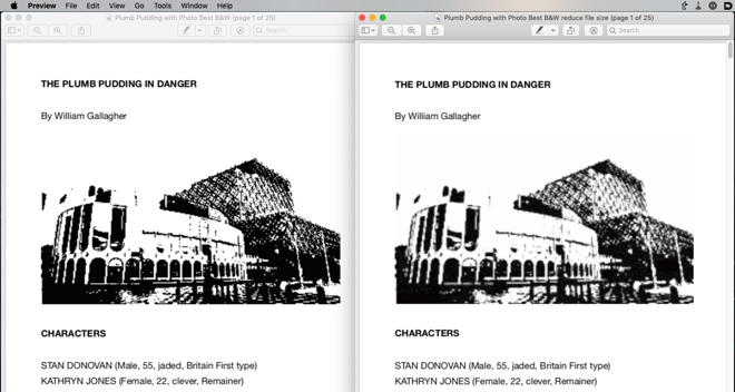 You can really squeeze the life out of your PDF. Left: a monochrome version. Right: that version also put through Reduce File Size