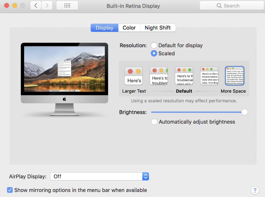 Above a certain high resolution, Apple shows a simplified system for choosing how much to dim your display