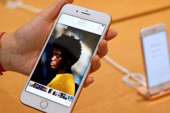 An iPhone 8 in an Apple Store