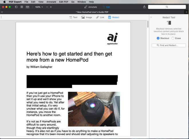Redacting text in PDF Expert