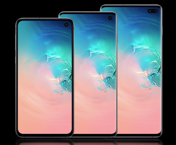 The Samsung Galaxy S10e, Galaxy S10, and Galaxy S10+. Camera cutouts are in the top right corner of each screen.