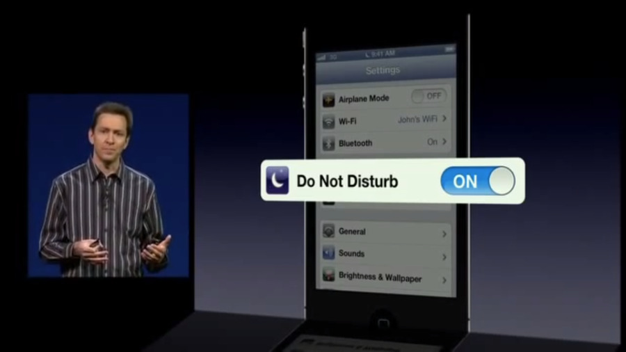 Scott Forstall introduces Do Not Disturb in the now ancient-looking iOS 6 at WWDC 2012