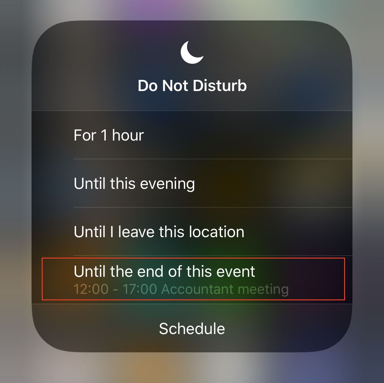 Absolutely our favorite option. Use this to switch on Do Not Disturb until after a meeting or a show