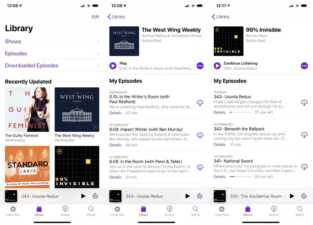Apple's Podcast app with (center, right) two very well-made shows that may be affected by these rules