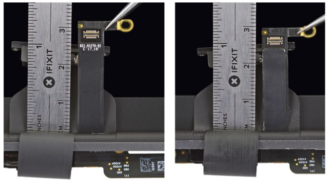 The 2018 MacBook Pro's backlight cable (left) is slightly longer than earlier models (via iFixit)