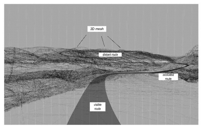 An example of a computer generated view of the road ahead of a vehicle