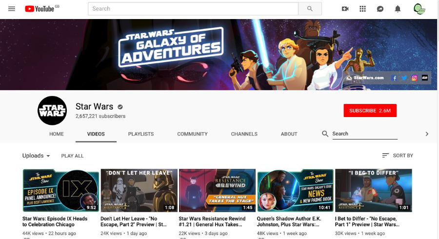 The official Star Wars channel on YouTube has hundreds of videos - though not, curiously, the famous Trailer B for 