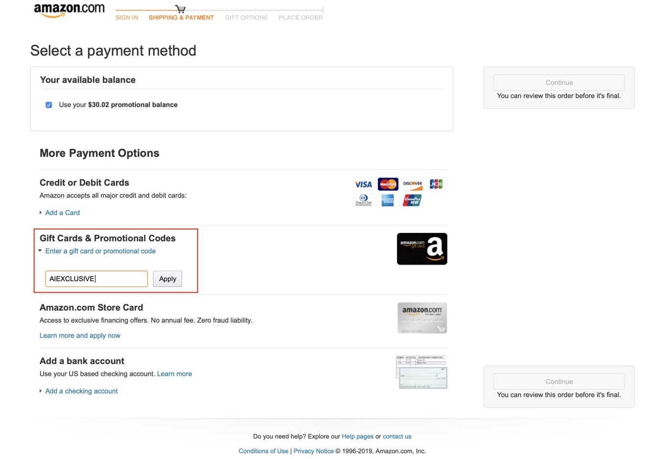 Promo code field on Amazon