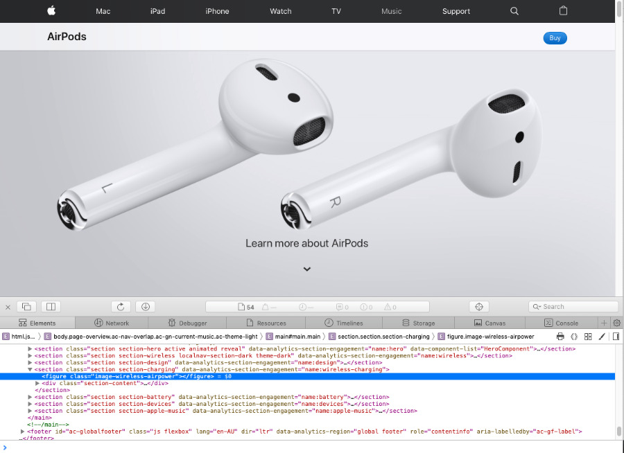 Apple's Australian AirPods page with HTML exposed and the line with the AirPower reference highlighted in blue