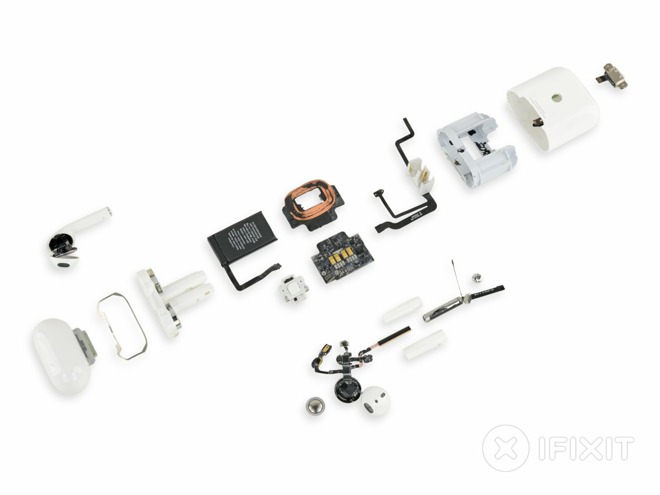 The second-generation AirPods and the wireless charging case, disassembled (via iFixit)