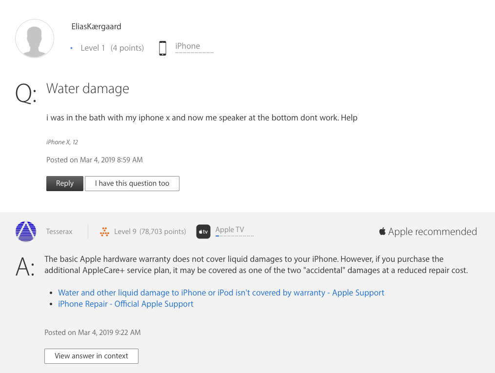 A typical 'water damage' response from Apple's forums