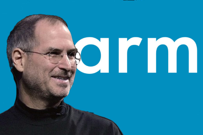 Mockup of Steve Jobs in front of the current ARM logo