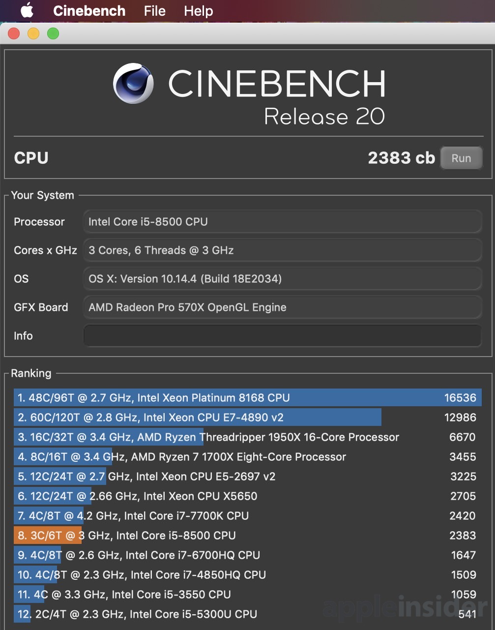 2019 iMac 5K base model Cinebench R20