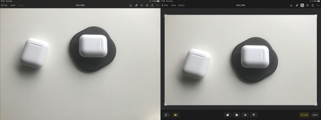 Left: objects placed randomly in the frame. Right: Pixelmator Photo's machine learning offers a recommended crop