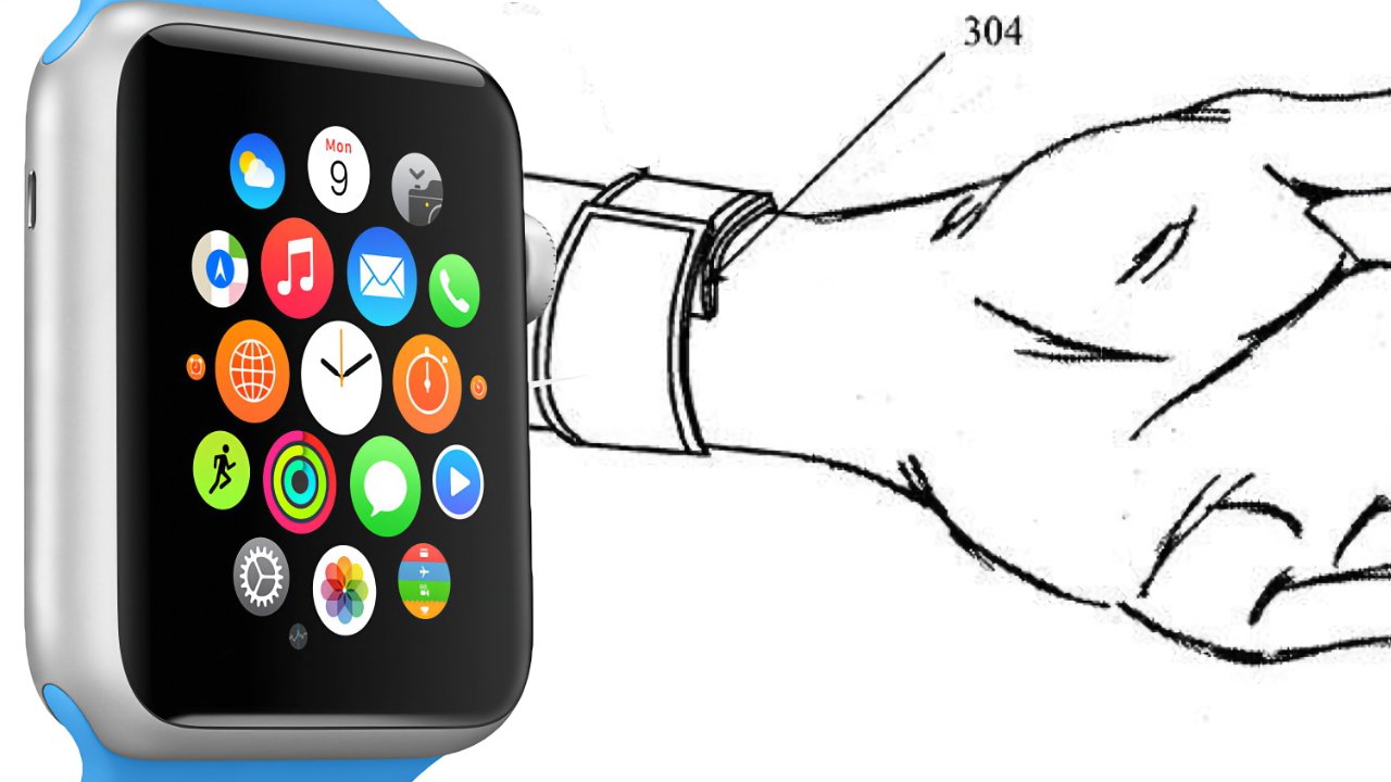 Smartwatch displaying colorful app icons next to a black-and-white drawing of a wrist with a watch labeled '304' on it.