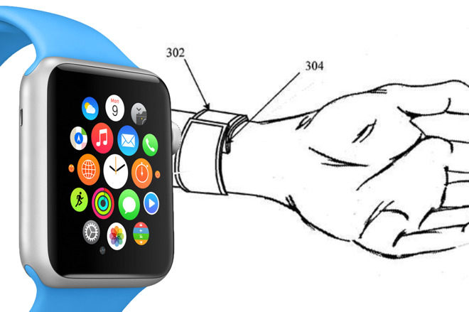 The original Apple Watch next to one of the many drawings that have appeared in various Apple patents