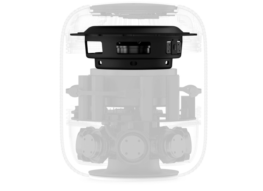 The insides of a HomePod. The highlighted section is what produces its deep base sound. (Source: Apple)