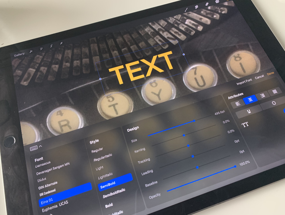 Adding a text layer to an imported photograph in Procreate 4.3