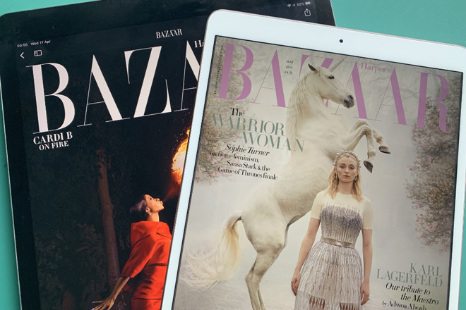 Left: Harper's Bazaar US on Apple News+. Right: Harper's Bazaar UK on Kindle Unlimited