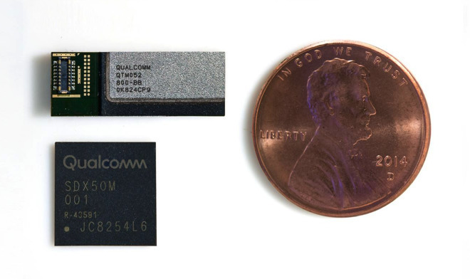 Qualcomm's 5G NR mmWave module and antenna, with penny for scale. 