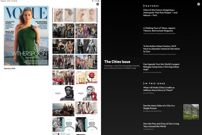 Left: Vogue's visual contents page. Right: National Geographic's more text-based one.