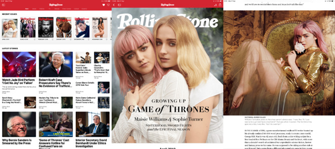 Left: the Rolling Stone magazine's topic page. Middle: the latest issue's cover. Right: a feature reworked in Apple News Formatted to make it more readable on iPhone as well as iPad