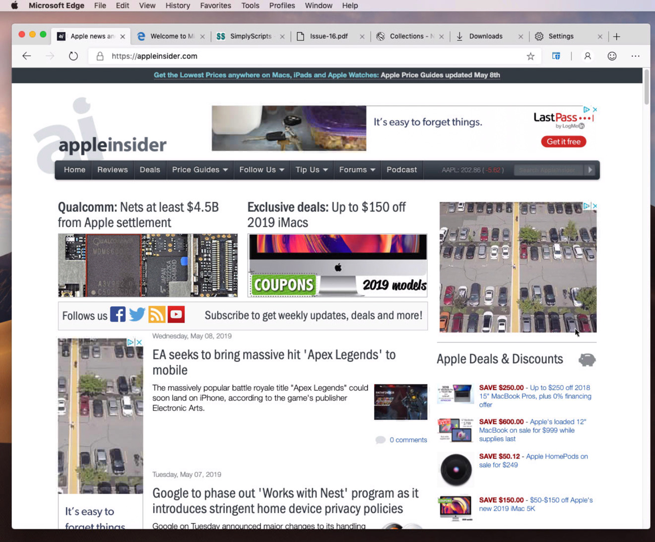 Microsoft Edge showing AppleInsider's front page.