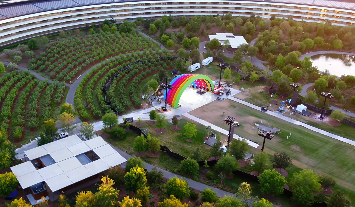 New aerial Apple Park video shows mystery rainbow stage