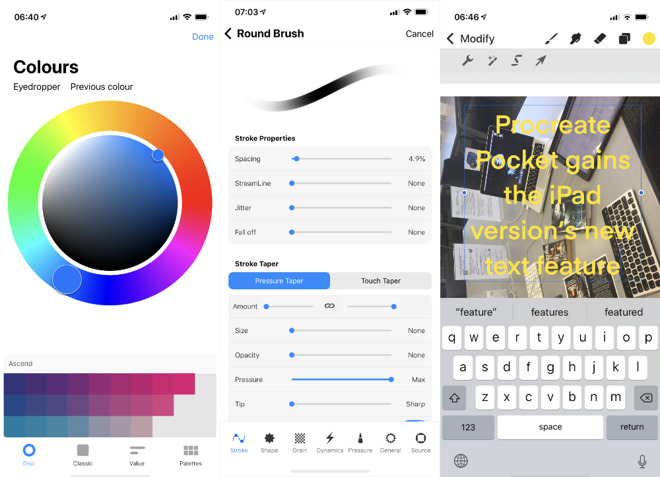 L-R Procreate Pocket 3's Color Wheel, Brush Control, and text features