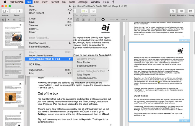 PDFpen 11 supports adding photos and scans via Continuity Camera. Notice the PDF itself, though - it's showing the current page plus others in the new Split View