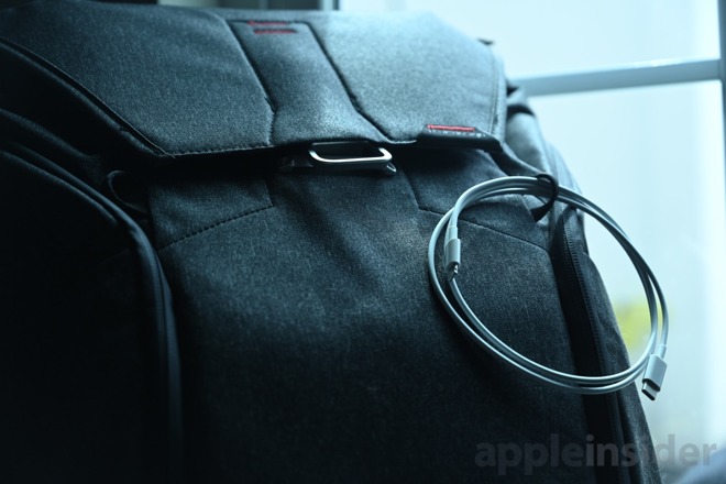 Apple USB-C Lightning cable on the Peak Design Everyday Backpack