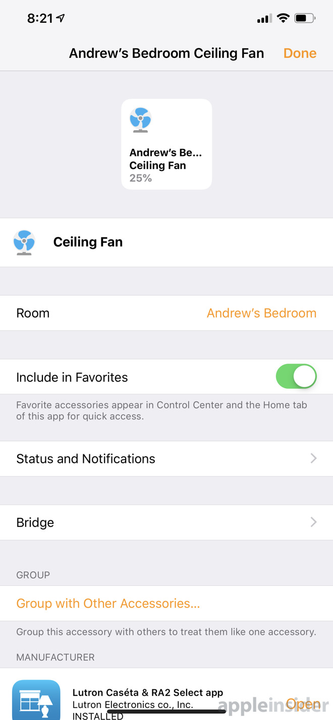 Lutron fan and bridge in HomeKit