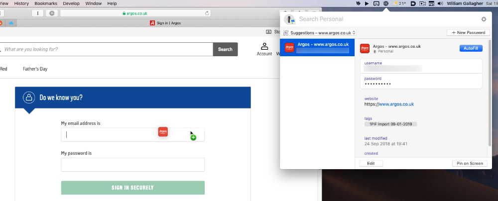 You can now drag a login straight from 1Password's menubar app into a website