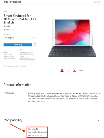 Apple Smart Keyboard for 10 inch iPad Pro compatibility screenshot