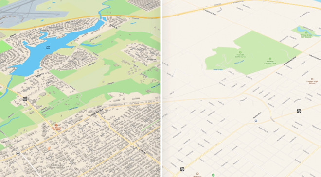 Left: Apple Maps in iOS 13. Right: the now rather empty-looking equivalent in iOS 12