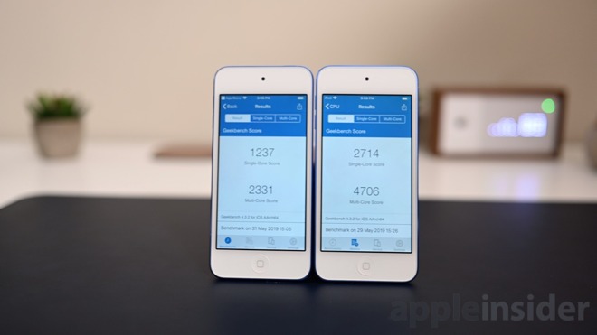 iPod touch Geekbench results (6th left & 7th gen right)