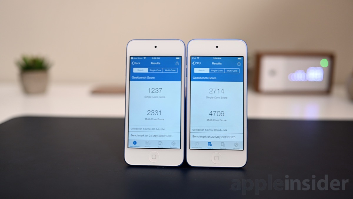 iPod touch Geekbench results (6th left &amp; 7th gen right)