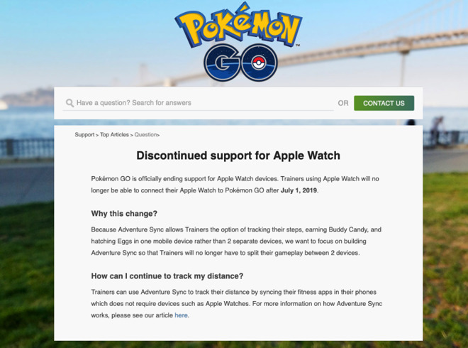 Niantic's announcement on its website about dropping Apple Watch