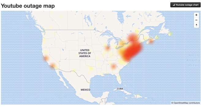 DownDetector YouTube status map