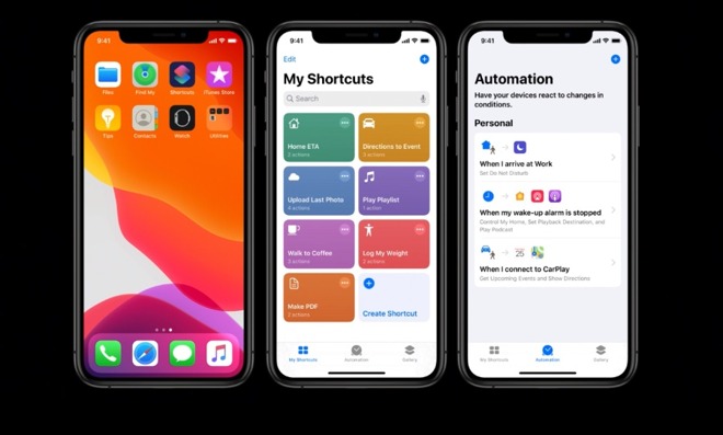 Left: Siri Shortcuts is now included in iOS 13 rather than being a separate download. Middle: the newly redesigned gallery of your shortcuts. Right: the new Automation tab