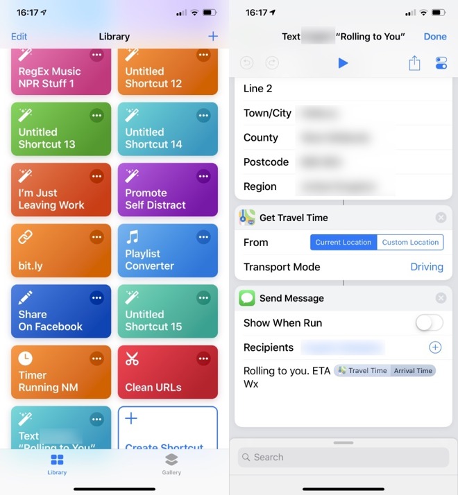 Left: a tiny selection of our ever-growing number of Shortcuts. Right: how you build one up.