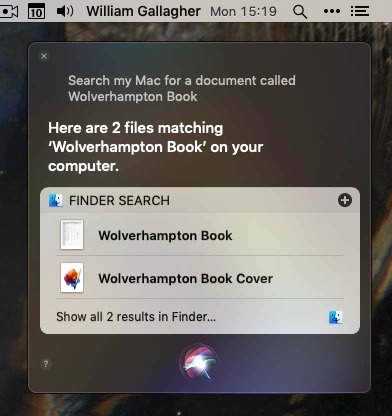 Once Siri on the Mac has found what you're looking for, you can drag an alias of them out to anywhere you like.
