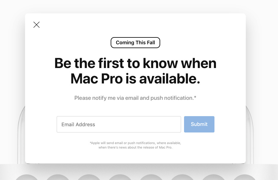 The notification interface from the Mac Pro's product page shows the fall as its arrival period