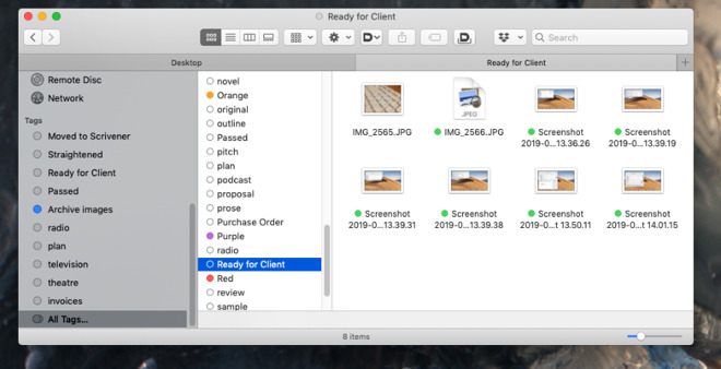 The navigation bar on the left of every Finder window gives you access to some or (right) all of your tags.