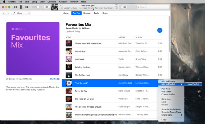 The Mac is oddly unintuitive about how you save a song to a Playlist. You start by clicking on the track's duration.