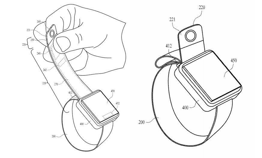 Illustration of the end-of-strap camera sensor, button, and how it can be mounted close to the Apple Watch body